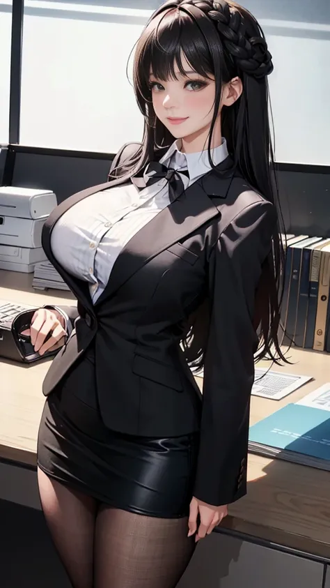 /(modern office interior/), 1 lady only, /(black medium length hair/) bangs, /(blazer pencil skirt/) /(id cards/), blushing kind...