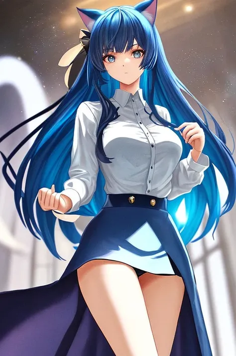 A girl with cat ears and a cat tail, beautiful blue hair, wearing a white shirt. The girl is in an artistic setting, reminiscent of an anime-style portrait. The image quality should be of the highest level, with ultra-detailed features and sharp focus. The...