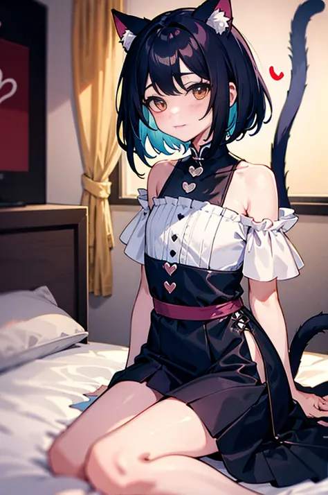 1male孩, male人,male, Short hair details, black hair,  Cat ear，cat tail，heart-shaped,bedroom,