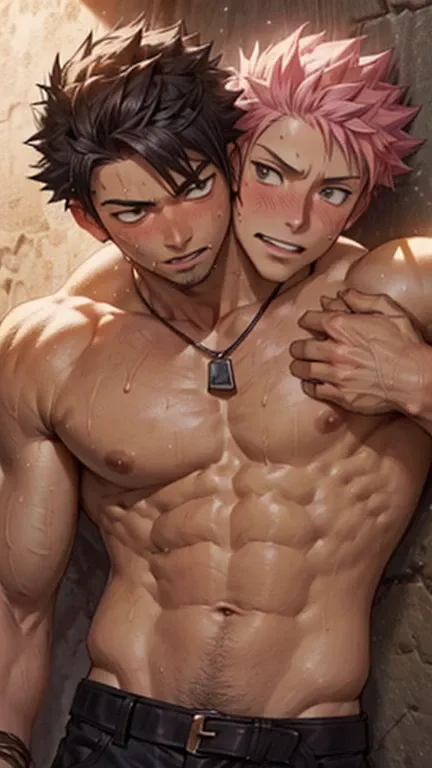 ((2boys)) ,gay couple,Natsu Dragneel and Gray Fullbuster kissing, ((upper body)), passionate blushing,  desert background, muscular body with washboard abs and pecs with pink nipples, sweating bodies and rugged rms and legs, holding waist embracing, arms e...