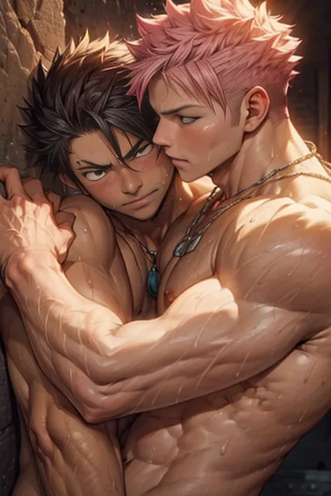 ((2boys)) ,gay couple,Natsu Dragneel and Gray Fullbuster kissing, ((upper body)), passionate blushing,  desert background, muscular body with washboard abs and pecs with pink nipples, sweating bodies and rugged rms and legs, holding waist embracing, arms e...