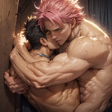 ((2boys)) ,gay couple,Natsu Dragneel and Gray Fullbuster kissing, ((upper body)), passionate blushing,  desert background, muscular body with washboard abs and pecs with pink nipples, sweating bodies and rugged rms and legs, holding waist embracing, arms e...