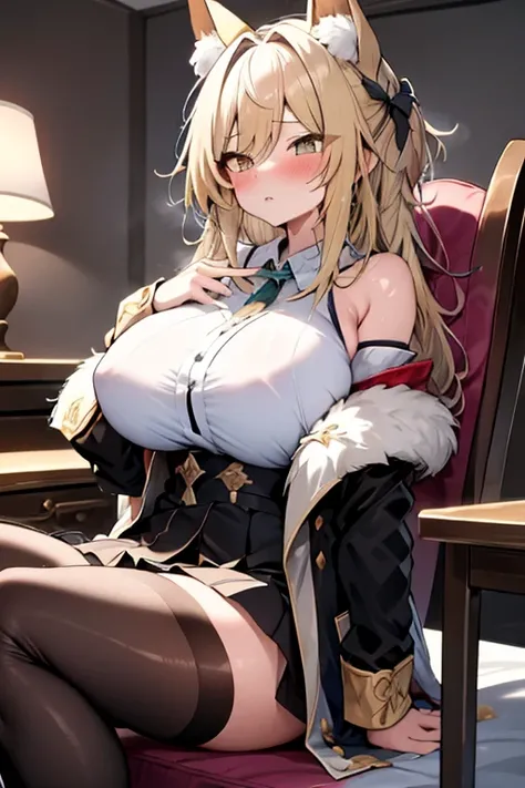 huge boobsの女の子、two people、Bian、animal ears、huge boobs、A glimpse of her big breasts、Animal tail、lesbian kiss、,sitting on a chair、blush、Troubled face、Academy of Magic Uniform、gradation hair、、Elegant coat、Clothes with fur、Conspiracy look、Provocative facial ex...