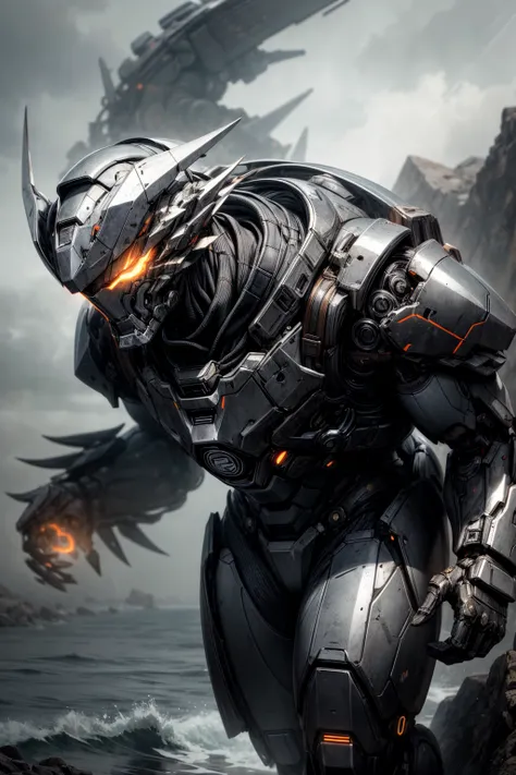 (Best quality,Ultra-detailed,Realistic:1.4), Gigantic Mark VI Jaeger, 25 feet height, badass looks, Looks tough and fierce, at the seashore, emerging slowly from the sea, heavy rain, in the style of Pacific Rim movie. Heavy armor, heavy weapons. 
Holding a...