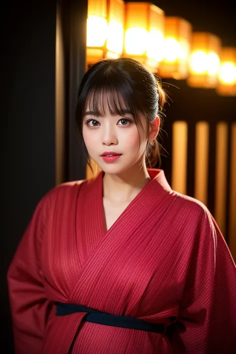 ((realistic lighting、highest quality、8K、masterpiece:1.3))、clear focus:1.2、1 girl、perfect figure:1.4、black haired bitch、Wearing yukata、Yukata is red、outside the house、night:1.1、Fireworks Festival、super fine face、narrow eyes、double eyelid、