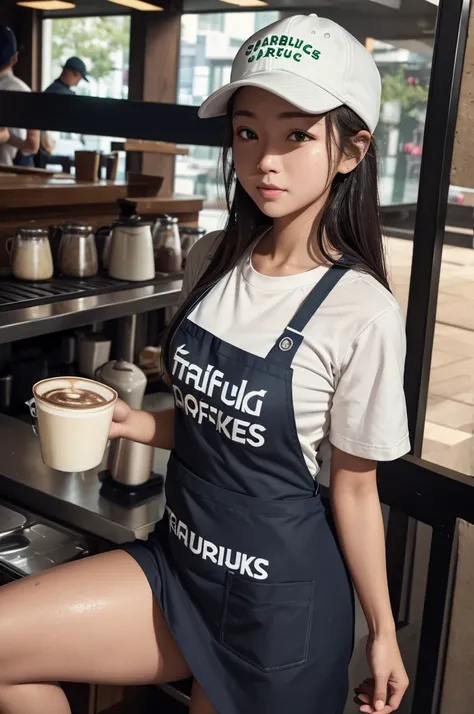 Girl in Starbucks uniform makes coffee，Wearing a baseball cap on his head，Clothes and skin are ingrained all over the body，（wet clothes：1.8），reflective skin，sweaty skin，expensive、expensive品質、master piece、super resolution、barefoot、Sexy Apron、wear an apron、f...