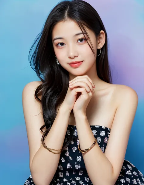 Beautiful girl wearing a summer dress、15 years old、black hair straight、Pose of acceptance with both hands extended here、