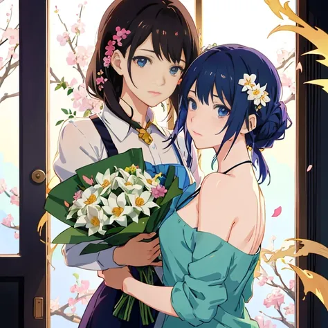 anime girl holding a bouquet of flowers in front of a window, with flowers, beautiful anime portrait, high quality portrait, anime visual of a cute girl, holding flowers, makoto shinkai. digital render, makoto shinkai ( apex legends ), guweiz, artwork in t...