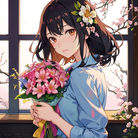 anime girl holding a bouquet of flowers in front of a window, with flowers, beautiful anime portrait, high quality portrait, anime visual of a cute girl, holding flowers, makoto shinkai. digital render, makoto shinkai ( apex legends ), guweiz, artwork in t...