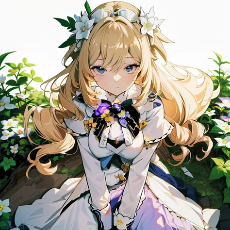 anime girl with long blonde hair and flower crown sitting in a garden, loli in dress, cute anime waifu in a nice dress, anime visual of a cute girl, violet evergarden, anime goddess, anime best girl, lolish, official art, blonde anime girl with long hair, ...