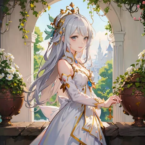 anime girl in a white dress with a crown and flowers, ((a beautiful fantasy empress)), cushart krenz key art feminine, royal elegant pose, guweiz on pixiv artstation, guweiz on artstation pixiv, anime goddess, a beautiful fantasy empress, marin kitagawa fa...