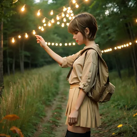 beautiful girl,beige military shirt,beige knee-length pleated skirt,red backpack,brown short boots,brown hair,bob hair,outer wra...