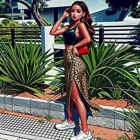 a woman in a leopard print saia and white sneakers, long saia, wearing a tanktop and saia, comprimento total do corpo, lorena avarez, cintura alta, Vanessa Morgan, por Daniel Lieske, olivia de bernardini, Julia Fontes, wearing crop top and minisaia, cool a...