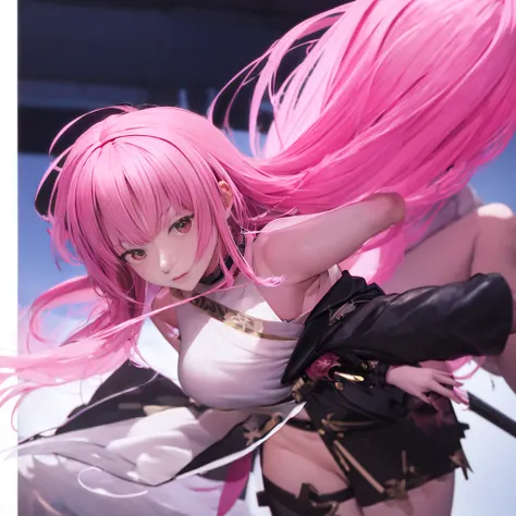 anime girl with pink hair and black outfit holding a sword, trending on artstation pixiv, guweiz on pixiv artstation, cushart krenz key art feminine, krenz cushart and artgerm, artwork in the style of guweiz, haruno sakura, ayaka genshin impact, digital ar...