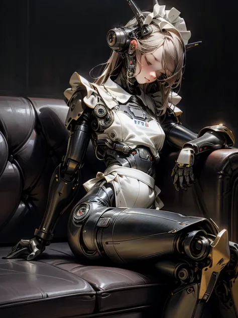 maid, sleeping, like a robot, uhd, 8K, leaning on the sofa, android, metal body, realistic