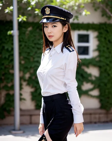 female officers marching, girl, 17 years old, (((whole bodyの画像))), gray military uniform, white shirt, black tie, ((wearing riding boots)), military cap, ((big boobs)), Super detailed, realistic, perfect face, perfect eyes, whole body