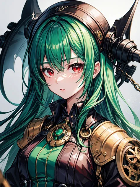 （（（masterpiece、Highest image quality、highest quality、highly detailed unity 8ｋwallpaper）））、（（Illustration of one girl））、（（（beautiful girl）））、（Emerald green hair、sidelocks：1.2、red eyes）、（（（Men）））、steampunk