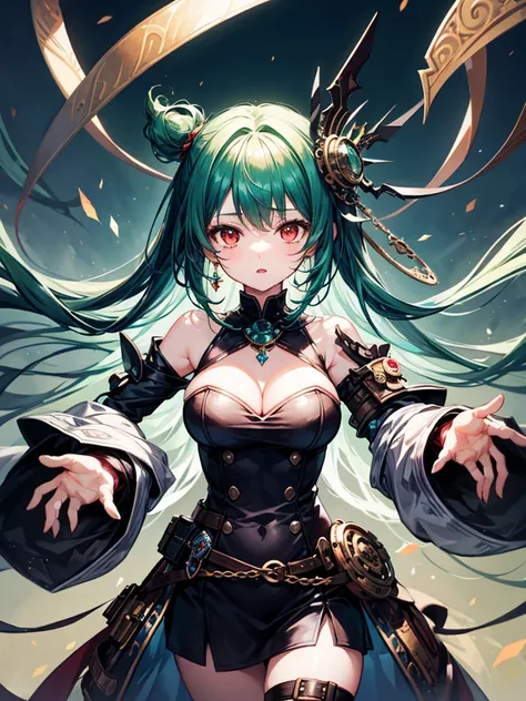 （（（masterpiece、Highest image quality、highest quality、highly detailed unity 8ｋwallpaper）））、（（Illustration of one girl））、（（（beautiful girl）））、（Emerald green hair、sidelocks：1.2、red eyes）、（（（Men）））、steampunk