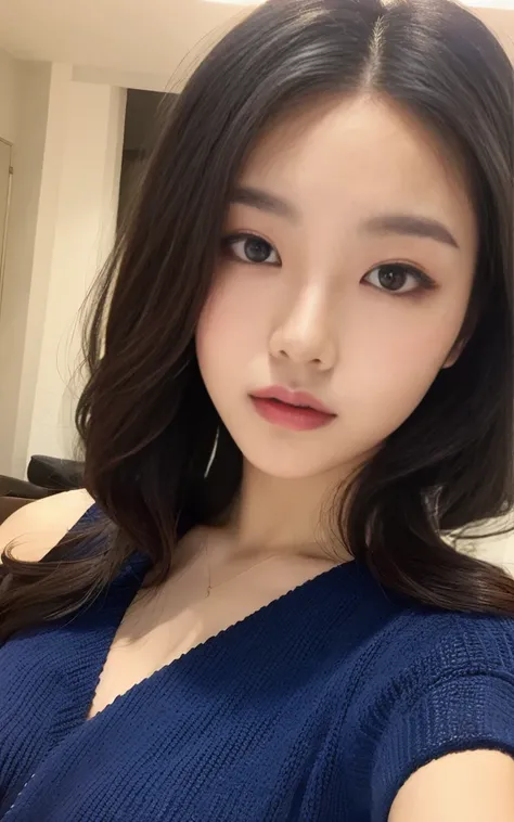 Blue knit dress、A woman with the same face as last time(misaki)，４Ｋ、１people&#39;s women、slender、 Loose wavy styling 、seductive and attractive、full body shot,Including face and skin texture，detailed eyes、a seductive look