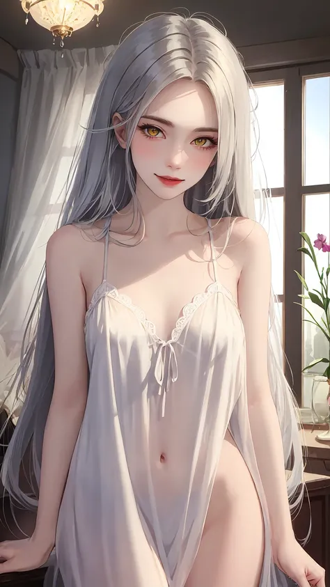 ((((masterpiece, best quality, high resolution)))), (1girl:1.5), ((long silky hair, silver hair, yellow eyes, sharp eyes)), (medium breasts:1.2), blush, (cheeky smile, parted lips), glow, thighs, bare shoulders, collarbone, narrow waist, (slender body figu...