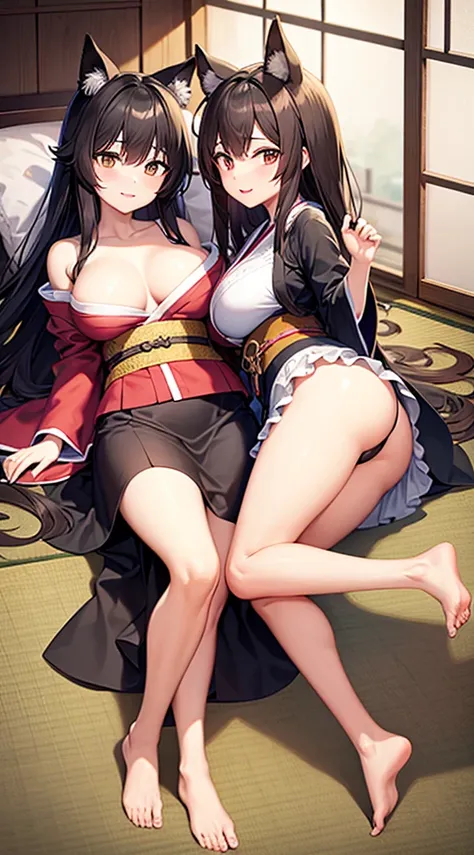 two girls with big breasts、Lying down position、brown hair、black hair、brown eyes、smile、long hair、dog ears、Kimono Maid Clothing、slipper、belt、Bed、Japanese style room、Opened kimono