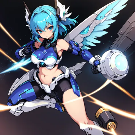 mecha_girl,((masterpiece:1.2)), ((highest quality)), detailed metal texture, perfect anatomy,1girl, (solo:1.5), blue hair, (mech...