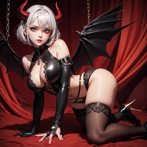 gorgeous demon girl, short silver hair, amber eyes, red and black horns, red and black dragon wings, red and black short sleeve body suit, chest exposed, blood sword, chains, evil grin, black high heel boots, black lace gloves, black lace necklace with rub...