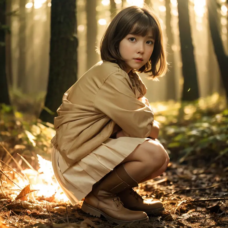 beautiful girl,beige military shirt,beige knee-length pleated skirt,ruck sack(red),brown short boots,baby face,dark brown hair,m...