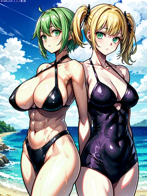 （（（masterpiece、Highest image quality、highest quality、highly detailed unity 8ｋwallpaper）））、（（Illustration of one girl））、（（（beautiful girl、cool）））、（（blonde、pixie cut：1.2、two side up、sidelocks、green eyes））、（（（tall、stocky build, thickset physique：1.3, muscular...