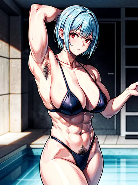 （（（masterpiece、Highest image quality、highest quality、highly detailed unity 8ｋwallpaper）））、（（Illustration of one girl））、（（（beautiful girl）））、（（light blue hair、short hair、red eyes））、（（（tall、stocky build, thickset physique：1.3, muscular legs, broad shoulders,...