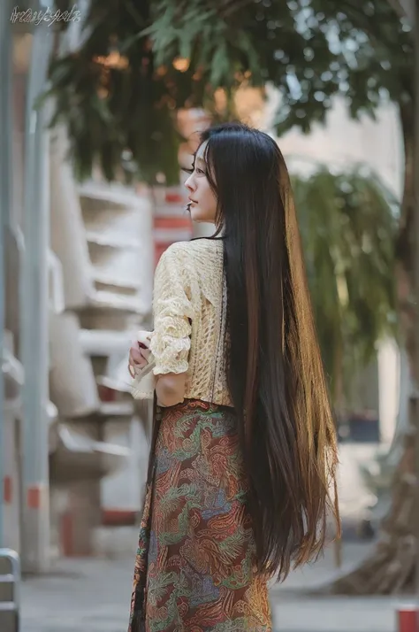 araffed woman with long hair standing on a city street, long hair girl, with long hair, long hairs, waist long hair, girl with s...