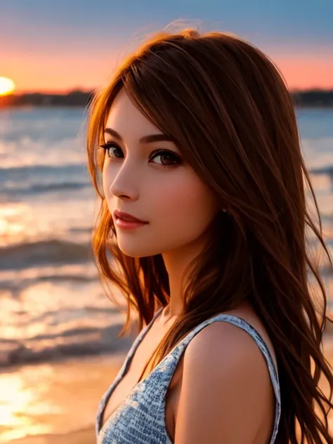 a girl with brown hair and brown eyes looking at sunset on a shore, realistic