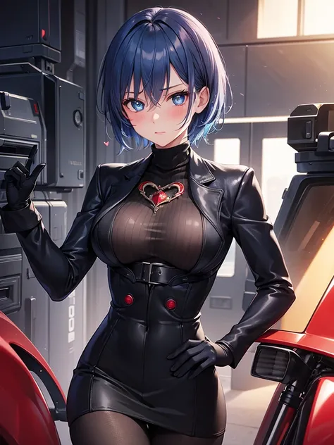 masterpiece, best quality, ultra-detailed, realistic,Modeus, blue hair,short hair, blush, blue eyes, heart shaped pupils, black suit jacket, red turtleneck sweater underneath, black skirt, red pantyhose,mechanical arms,