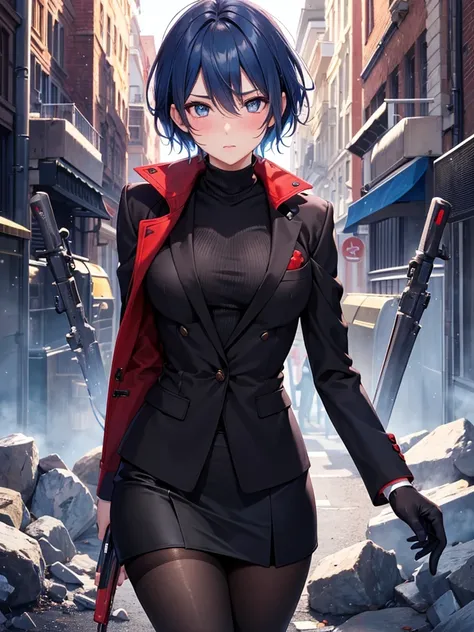 masterpiece, best quality, ultra-detailed, realistic,Modeus, blue hair,short hair, blush, blue eyes, heart shaped pupils, black suit jacket, red turtleneck sweater underneath, black skirt, red pantyhose,mechanical arms,