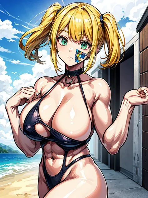 （（（masterpiece、Highest image quality、highest quality、highly detailed unity 8ｋwallpaper）））、（（Illustration of one girl））、（（（beautiful girl、cool）））、（（blonde、pixie cut：1.2、two side up、sidelocks、green eyes））、（（（tall、stocky build, thickset physique：1.3, muscular...