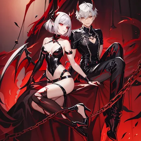 gorgeous demon girl, short silver hair, amber eyes, red and black horns, red and black dragon wings, red and black short sleeve body suit, chest exposed, blood sword, chains, evil grin, black high heel boots, black lace gloves, black lace necklace with rub...