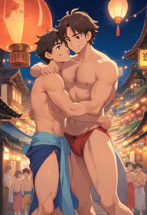 Two men hugging and kissing、30 years old、male、Japanese、very handsome、Topless、Half quilt、loincloth、abs、Pectoral muscle、body hair、open legs、smile、festival、night、summer