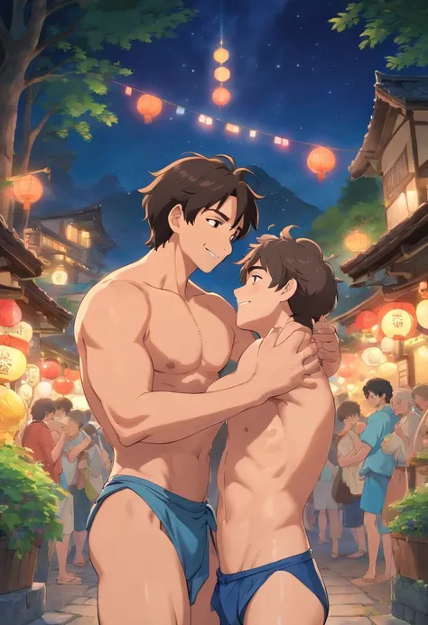 Two men hugging and kissing、30 years old、male、Japanese、very handsome、Topless、Half quilt、loincloth、abs、Pectoral muscle、body hair、open legs、smile、festival、night、summer