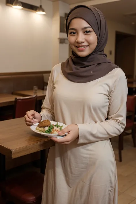 a girl wear long hijab at restaurant facing me with a smile on her face, wear kurung