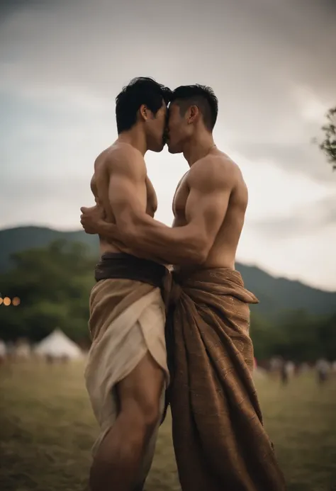 Two men hugging and kissing、30 years old、male、Japanese、very handsome、Topless、Half quilt、loincloth、abs、Pectoral muscle、body hair、open legs、smile、festival、night、summer