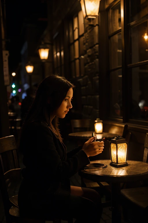 A mysterious night cafe with dimly lit lanterns casting warm glows on cobblestone streets, small tables adorned with flickering candles, patrons engrossed in deep conversations, a jazz band playing in the corner, capturing the interplay of shadows and high...