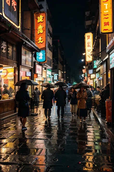 A vibrant night cafe situated along a bustling Asian street, neon signs reflecting on wet pavement after a light rain, people enjoying steaming bowls of noodles under colorful umbrellas, capturing the fusion of modernity and tradition, 3D rendering, using ...