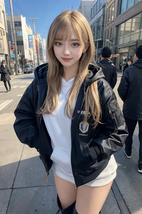 8K、highest quality、masterpiece、realistic、 ultra detail、Improvement of quality、beautiful woman with perfect figure:1.4、only female、riders jacket、hoodie、Knee-high boots、blonde、straight hair、highly detailed face and skin、double eyelid、smile、The whole body is ...