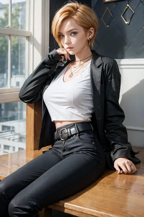 (masterpiece), highest quality, Girl sitting by the window, Emotional, emo girl,Sad girl, redhead,cute, quick wit, close,short hair, blue eyes, black clothes, sensual, (shining eyes), aesthetics,style, stylish, earrings, cheerfulness,Naughty, Naughty,  smu...