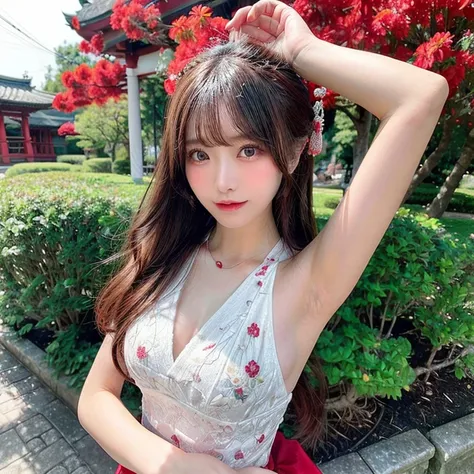 (highest quality、8K、32K、masterpiece、nffsw:1.2)、photo of cute japanese woman、beautiful chest、long hair、whole body、Red china clothes、beautiful armpits、necklace、beautiful body line、 balanced body、garden