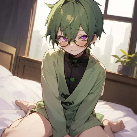 A shota boy,green hair,short hair,wearing a black circle glasses,two green antenna,purple eyes,cute,white skin,sitting on the bed,innocent,smiling,blush,wearing stock,nsfw,after sex,night in shanghai