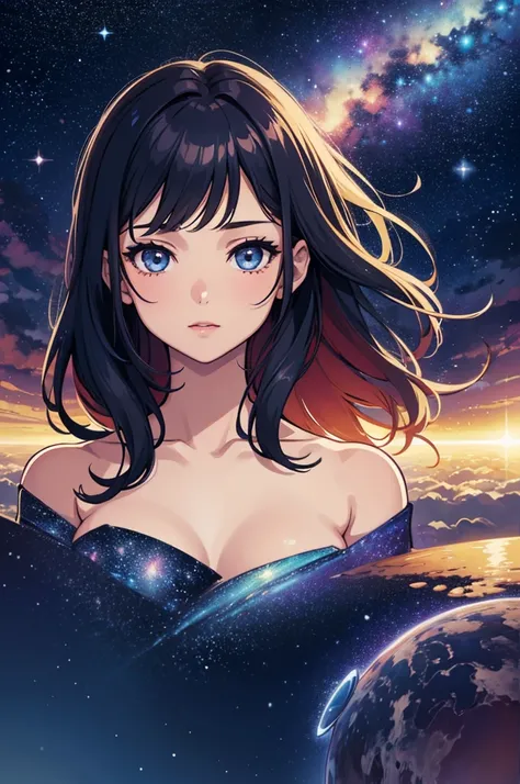 High detail, super detail, super high resolution, girl enjoying her time in the dream galaxy, surrounded by stars, warm light sprinkled on her, background is starry sky with colorful galaxies and galaxy clouds, stars flying around her, delicate face, addin...