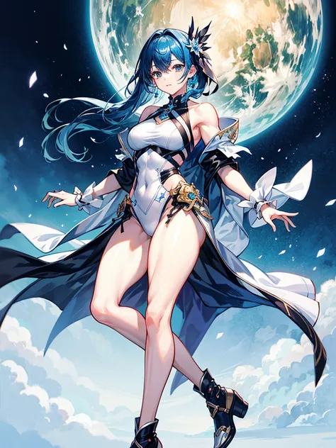 （（（masterpiece、Highest image quality、highest quality、highly detailed unity 8ｋwallpaper）））、（（Illustration of one girl））、（（（beautiful girl）））、blue hair、stocky build, thickset physique：1.3, muscular legs, broad shoulders, solid chest、white clothes