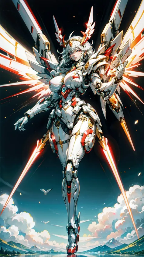 A beautiful mechanical girl，mechanical angel，There are huge white mechanical wings on the back，tall，Perfect mechanical body，Intricate white mechanical bodysuit，sense of the future，science fiction style，（red mechanical body：1.3），Red manipulator臂，Red manipul...