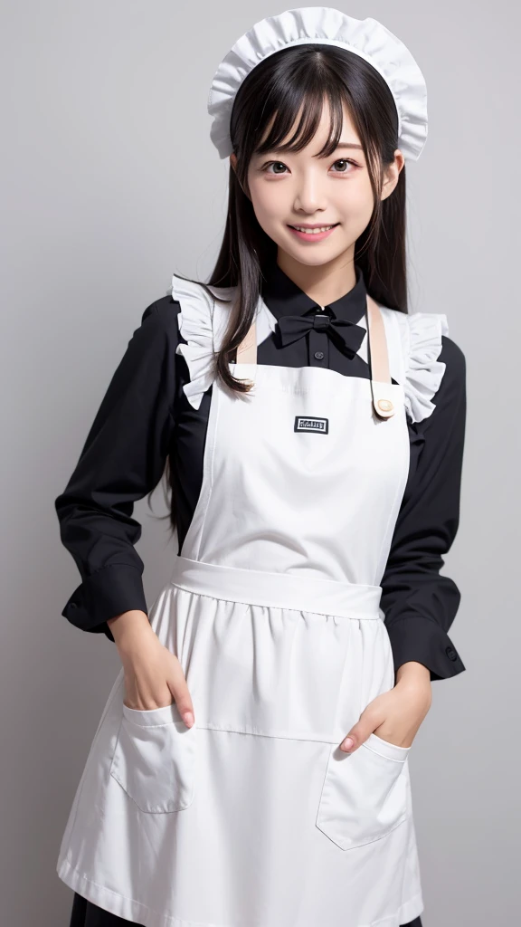 maid_cosplay, solo, enmaided, simple background, looking at viewer, long sleeves, 1girl, maid headdress, bangs, apron, long hair, maid, one side up, smile, open mouth, maid apron, white apron, white background,背景は日本のメイドカフェ